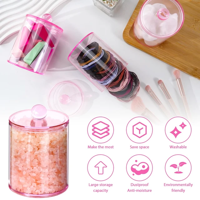 Alt view image 3 of 7 - 2 Pcs Acrylic Qtip Holder, Cotton Ball Holder Jars with Lids, Pink | Apothecary Jars for Cotton Swabs, Balls, Pads and Floss Picks, Bathroom Vanity Organizer