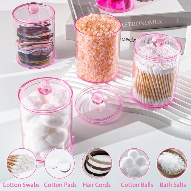 Alt view image 4 of 7 - 2 Pcs Acrylic Qtip Holder, Cotton Ball Holder Jars with Lids, Pink | Apothecary Jars for Cotton Swabs, Balls, Pads and Floss Picks, Bathroom Vanity Organizer