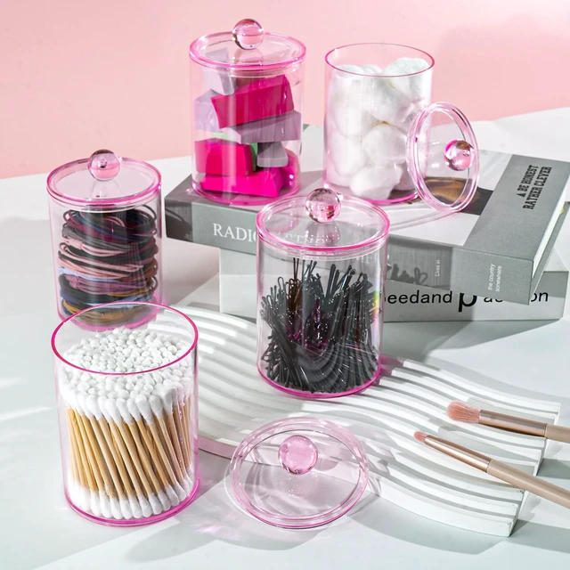 Alt view image 5 of 7 - 2 Pcs Acrylic Qtip Holder, Cotton Ball Holder Jars with Lids, Pink | Apothecary Jars for Cotton Swabs, Balls, Pads and Floss Picks, Bathroom Vanity Organizer
