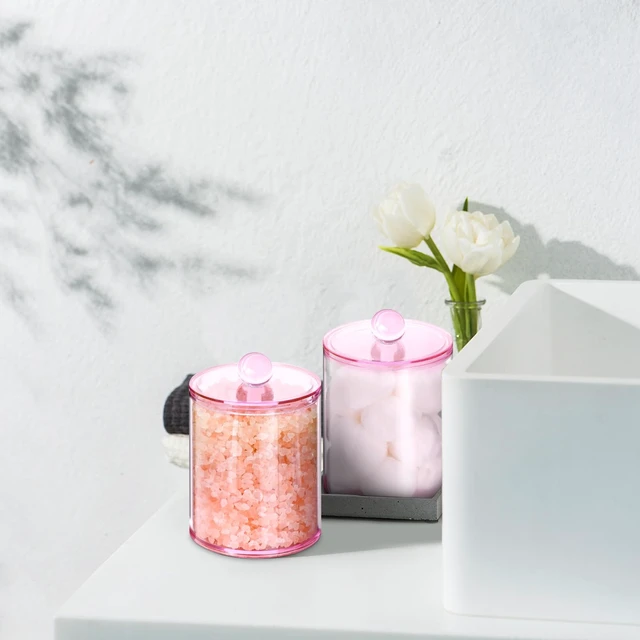 Alt view image 6 of 7 - 2 Pcs Acrylic Qtip Holder, Cotton Ball Holder Jars with Lids, Pink | Apothecary Jars for Cotton Swabs, Balls, Pads and Floss Picks, Bathroom Vanity Organizer