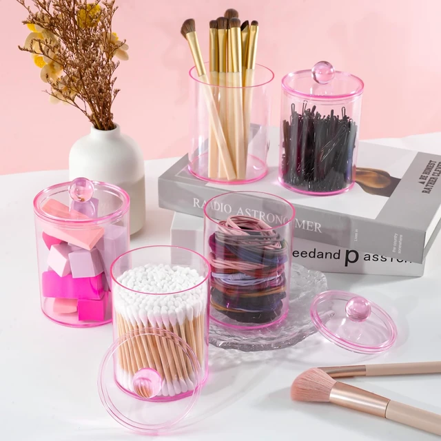Alt view image 7 of 7 - 2 Pcs Acrylic Qtip Holder, Cotton Ball Holder Jars with Lids, Pink | Apothecary Jars for Cotton Swabs, Balls, Pads and Floss Picks, Bathroom Vanity Organizer
