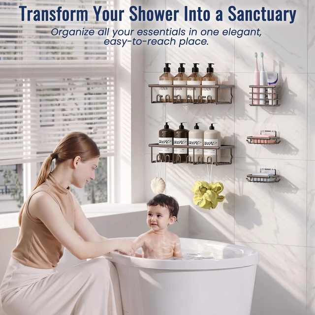 Alt view image 2 of 7 - 5 Pack Adhesive Bathroom Holders & Dispensers for Kids & Adults, Brown | Large Capacity No-Drilling Rustproof Shower Caddy Shelves Rack with Soap Dishes, Toothbrush Holder & Hooks