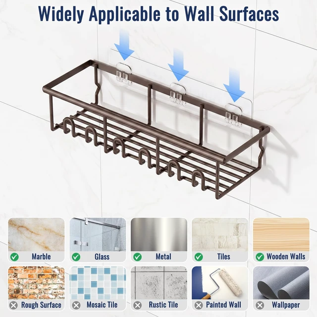 Alt view image 7 of 7 - 5 Pack Adhesive Bathroom Holders & Dispensers for Kids & Adults, Brown | Large Capacity No-Drilling Rustproof Shower Caddy Shelves Rack with Soap Dishes, Toothbrush Holder & Hooks