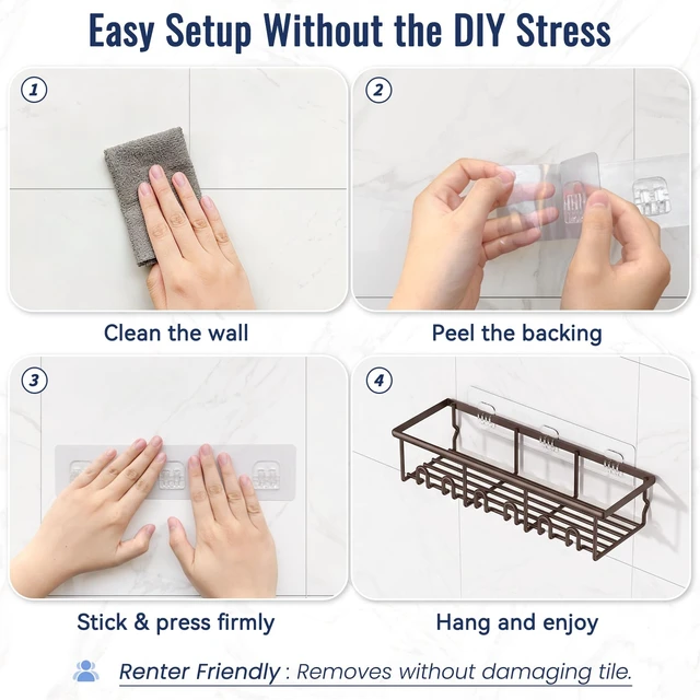 Alt view image 6 of 7 - 5 Pack Adhesive Bathroom Holders & Dispensers for Kids & Adults, Brown | Large Capacity No-Drilling Rustproof Shower Caddy Shelves Rack with Soap Dishes, Toothbrush Holder & Hooks