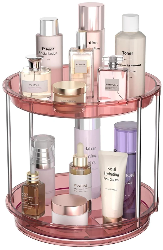 Main image of Rotating Makeup Organizer, Perfume Skincare Holder, 2 Tier 9 Inch, Pink | 360° Smooth Spinning Vanity Tray, Large Capacity, Space-Saving Cosmetics Storage for Bathroom Countertop, Dresser