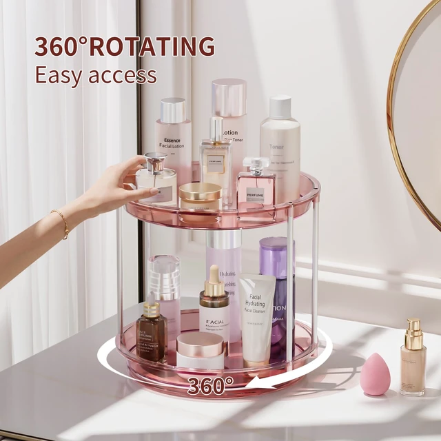 Alt view image 2 of 7 - Rotating Makeup Organizer, Perfume Skincare Holder, 2 Tier 9 Inch, Pink | 360° Smooth Spinning Vanity Tray, Large Capacity, Space-Saving Cosmetics Storage for Bathroom Countertop, Dresser