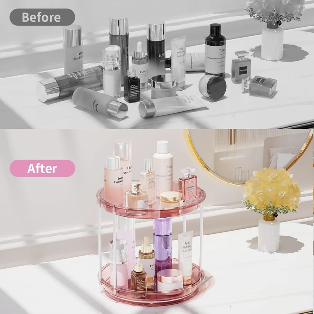 Alt view image 4 of 7 - Rotating Makeup Organizer, Perfume Skincare Holder, 2 Tier 9 Inch, Pink | 360° Smooth Spinning Vanity Tray, Large Capacity, Space-Saving Cosmetics Storage for Bathroom Countertop, Dresser