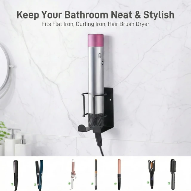 Alt view image 2 of 7 - Curling Iron Holder, Stainless Steel Flat Iron Holder Wall Mount, Hair Straightener Holder for Bathroom Storage, Space Saving Hair Tool Organizer Black PTALSEAW