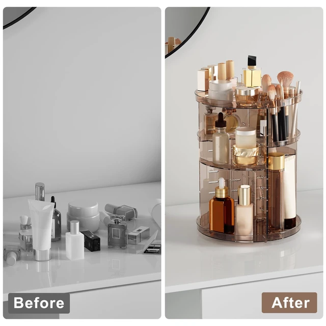 Alt view image 5 of 7 - Rotating Makeup Organizer, DIY 8 Adjustable Layers Spinning Skincare Storage, Cosmetic Display Case with Brush Holder and Perfume Tray, Multi-Function Vanity Bathroom Countertop Organizer Clear Coffee