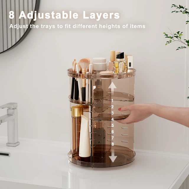 Alt view image 4 of 7 - Rotating Makeup Organizer, DIY 8 Adjustable Layers Spinning Skincare Storage, Cosmetic Display Case with Brush Holder and Perfume Tray, Multi-Function Vanity Bathroom Countertop Organizer Clear Coffee