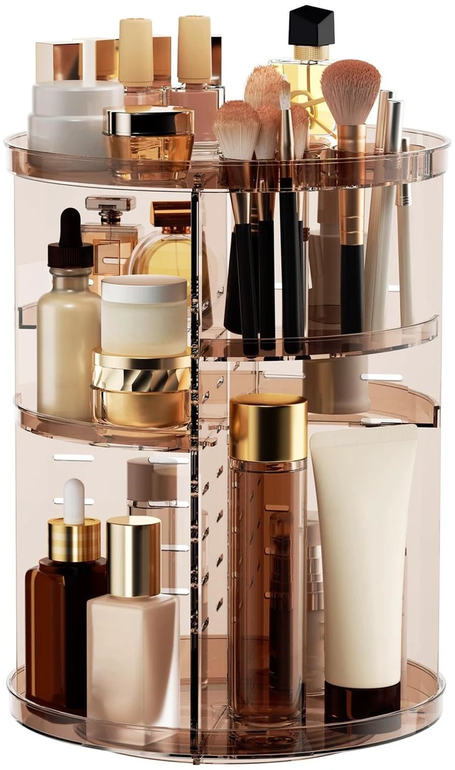 Main image of Rotating Makeup Organizer, DIY 8 Adjustable Layers Spinning Skincare Storage, Cosmetic Display Case with Brush Holder and Perfume Tray, Multi-Function Vanity Bathroom Countertop Organizer Clear Coffee