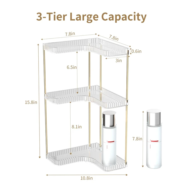 Alt view image 2 of 7 - Bathroom Counter Organizer, 3-Tier Corner Makeup Organizer Shelf, Clear | Easy to Assemble, Space Saver for Small Counter, Waterproof, Hold Makeup, Skincare, Toiletries, For Dresser Bathroom Kitchen