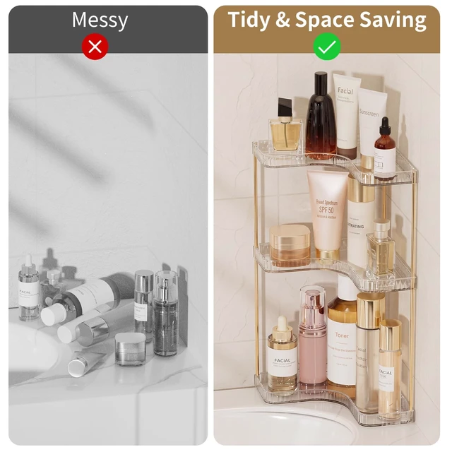 Alt view image 3 of 7 - Bathroom Counter Organizer, 3-Tier Corner Makeup Organizer Shelf, Clear | Easy to Assemble, Space Saver for Small Counter, Waterproof, Hold Makeup, Skincare, Toiletries, For Dresser Bathroom Kitchen