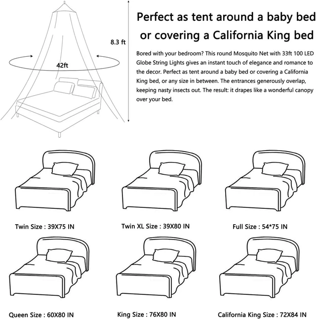 Alt view image 5 of 7 - Mosquito Net Bed Canopy for Girls,King Canopy Bed Curtains Full Queen Size from Ceiling,Dome Mosquito Netting Bed Tent Twin Girls Princess Canopy Bed White Decor for Baby Crib,Kid Bed and Adult Beds