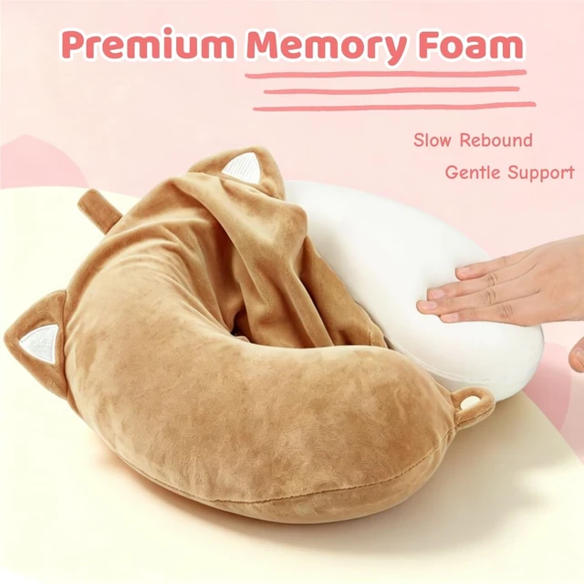 Alt view image 2 of 6 - Cute Travel Pillow for Kids & Adults with Sleep Eye Mask - Memory Foam Sleeping Head Support Neck Pillows with Breathable Cover for Toddlers & Children Long Flights Car Rides,Khaki Cat