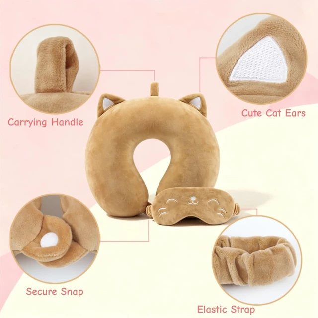 Alt view image 3 of 6 - Cute Travel Pillow for Kids & Adults with Sleep Eye Mask - Memory Foam Sleeping Head Support Neck Pillows with Breathable Cover for Toddlers & Children Long Flights Car Rides,Khaki Cat