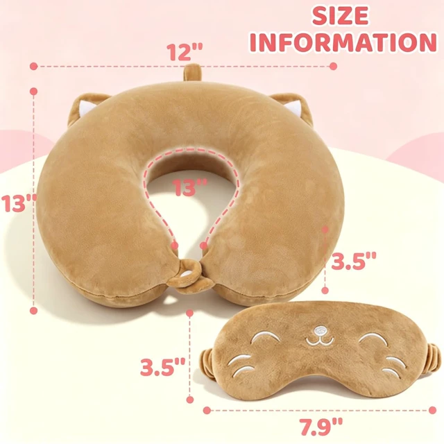 Alt view image 4 of 6 - Cute Travel Pillow for Kids & Adults with Sleep Eye Mask - Memory Foam Sleeping Head Support Neck Pillows with Breathable Cover for Toddlers & Children Long Flights Car Rides,Khaki Cat