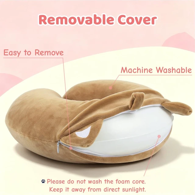 Alt view image 5 of 6 - Cute Travel Pillow for Kids & Adults with Sleep Eye Mask - Memory Foam Sleeping Head Support Neck Pillows with Breathable Cover for Toddlers & Children Long Flights Car Rides,Khaki Cat