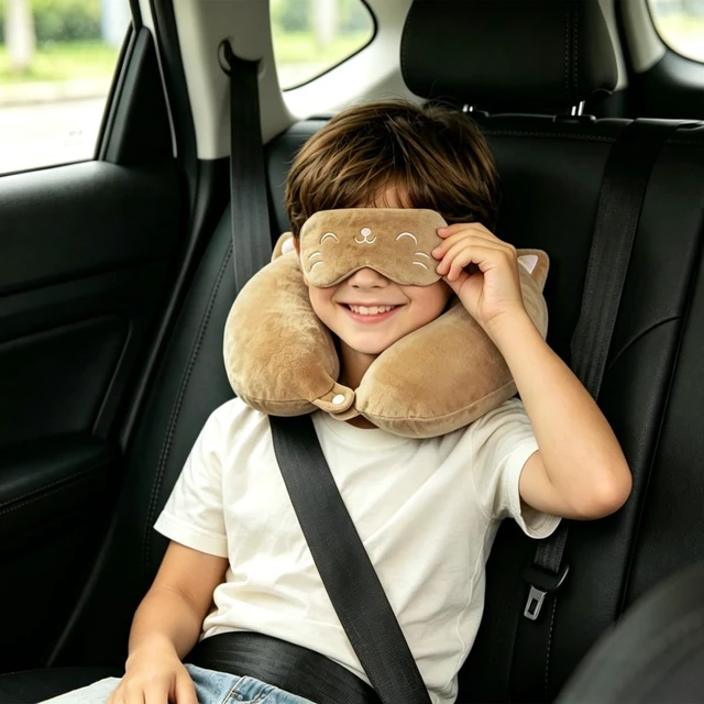 Alt view image 6 of 6 - Cute Travel Pillow for Kids & Adults with Sleep Eye Mask - Memory Foam Sleeping Head Support Neck Pillows with Breathable Cover for Toddlers & Children Long Flights Car Rides,Khaki Cat