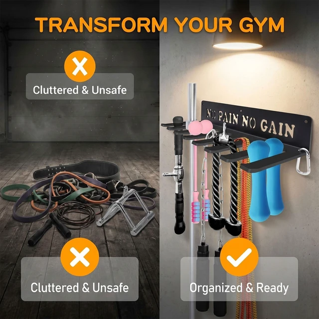 Alt view image 2 of 7 - Home Gym Equipment Storage Rack - 8 Hooks, Wall Mounted, 40 lbs Capacity
Heavy-duty steel, rust-resistant. Holds bands, rope belts, barbells. Easy install. Perfect for garage gym. Carabiner included