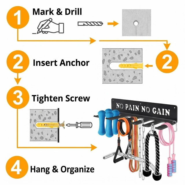 Alt view image 3 of 7 - Home Gym Equipment Storage Rack - 8 Hooks, Wall Mounted, 40 lbs Capacity
Heavy-duty steel, rust-resistant. Holds bands, rope belts, barbells. Easy install. Perfect for garage gym. Carabiner included