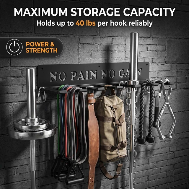 Alt view image 4 of 7 - Home Gym Equipment Storage Rack - 8 Hooks, Wall Mounted, 40 lbs Capacity
Heavy-duty steel, rust-resistant. Holds bands, rope belts, barbells. Easy install. Perfect for garage gym. Carabiner included