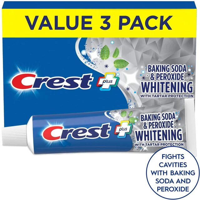 Main image of Crest Plus Baking Soda & Peroxide Whitening Toothpaste, Fresh Mint, 5.7oz, 3-Pack