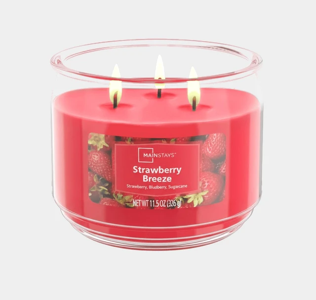 Main image of Mainstays 3-Wick Scented Glass Jar Candle, Strawberry Breeze, 11.5oz