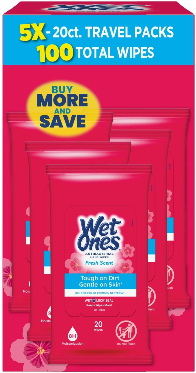 Main image of Wet Ones Antibacterial Hand Wipes, Fresh Scent, 20 Count (5 Pack)