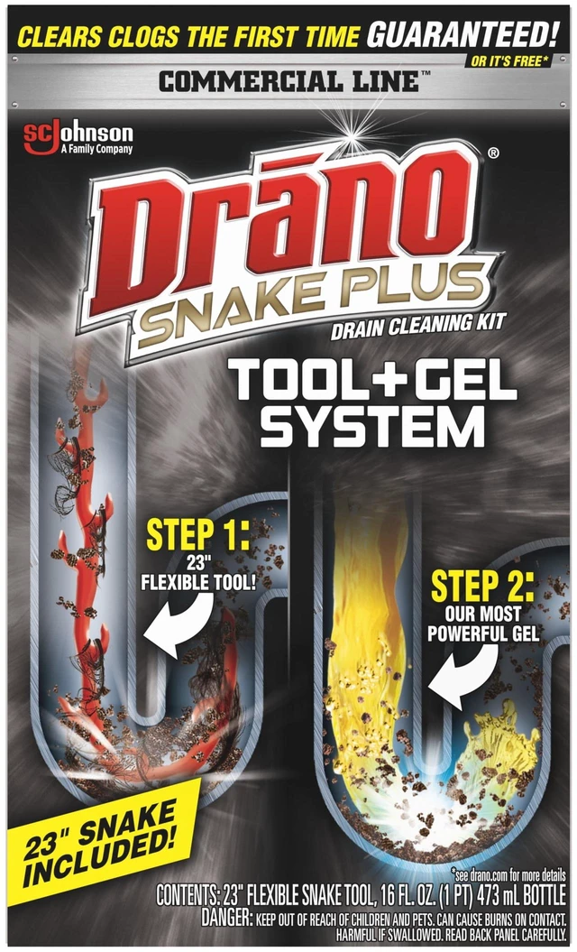 Main image of Drano Snake Plus Drain Cleaning Kit with Gel Drain Clog Remover 16 fl oz and Snake Plus Tool 23-inch, Commercial Line