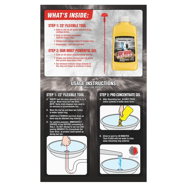 Alt view image 5 of 6 - Drano Snake Plus Drain Cleaning Kit with Gel Drain Clog Remover 16 fl oz and Snake Plus Tool 23-inch, Commercial Line