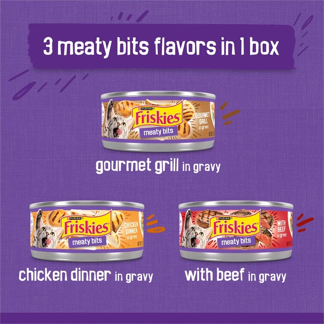 Alt view image 3 of 5 - Purina Friskies Gourmet Grill Wet Cat Food Variety Pack, Chicken Dinner & Beef Meaty Bits, 5.5oz. Cans, 12Pack