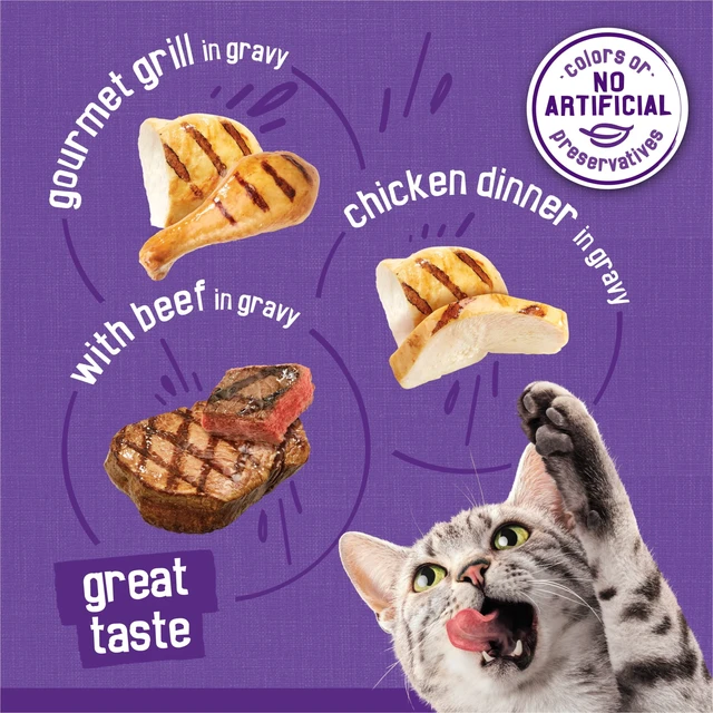 Alt view image 2 of 5 - Purina Friskies Gourmet Grill Wet Cat Food Variety Pack, Chicken Dinner & Beef Meaty Bits, 5.5oz. Cans, 12Pack