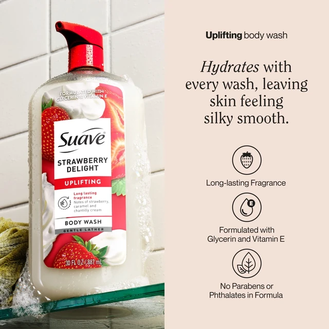 Alt view image 5 of 6 - Suave Strawberry Delight Uplifting Body Wash with Glycerin & Vitamin E, 30 Fl Oz Pump