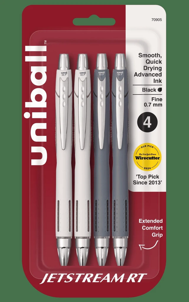 Main image of Uniball Jetstream Retractable Ballpoint Pens, Fine Point, 0.7mm, Black Ink, 4 Count