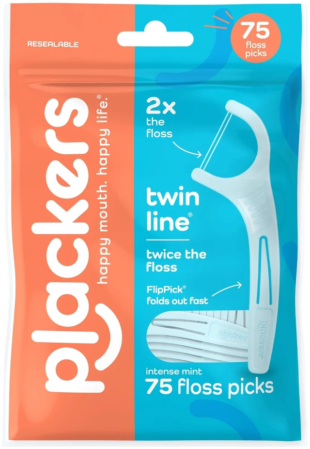 Main image of Plackers Twin Line Floss Picks with Tuffloss Fiber & FlipPick, Intense Mint, 75 Count