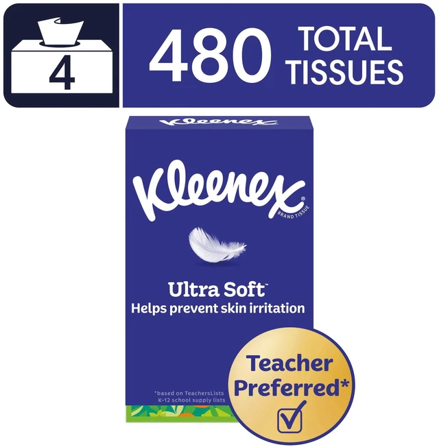 Main image of Kleenex Ultra Soft 3-Ply Flat Box Facial Tissues, 4 Pack (480 Tissues)