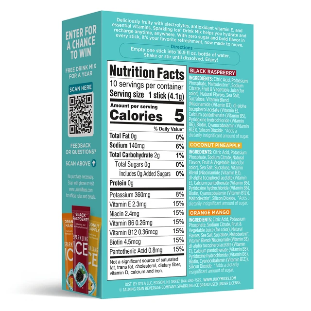 Alt view image 3 of 6 - Sparkling Ice Powder Zero Sugar Drink Mix Variety Pack, Orange Mango, Black Raspberry & Coconut Pineapple, 10 Sticks