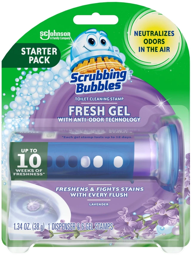 Main image of Scrubbing Bubbles Fresh Gel Cleaning Stamp Automatic Toilet Bowl Cleaner, Lavender, Dispenser & 6 Gel Stamps