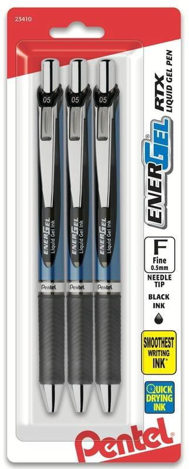 Main image of Pentel EnerGel Deluxe RTX Retractable Gel Pens, Needle Point, 0.5mm, Black Ink, 3 Count