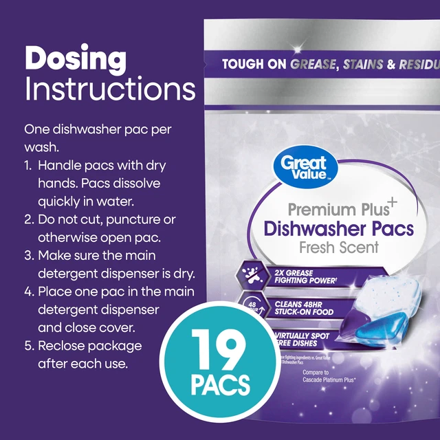 Alt view image 5 of 6 - Great Value Premium Plus Dishwasher Pacs, Fresh Scent, 19 Count