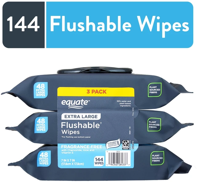 Main image of Equate Extra Large Flushable Wet Wipes, Fragrance Free, 144 Wipes, 3 Pack