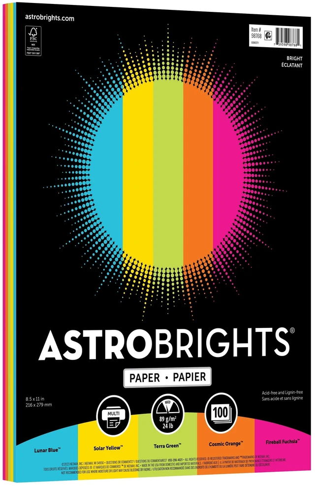 Main image of Astrobrights Color Paper, 8.5 x 11 in, 24 lb, 89 gsm, 5 Colors, 100 Sheets, Bright Assortment, Item 98768