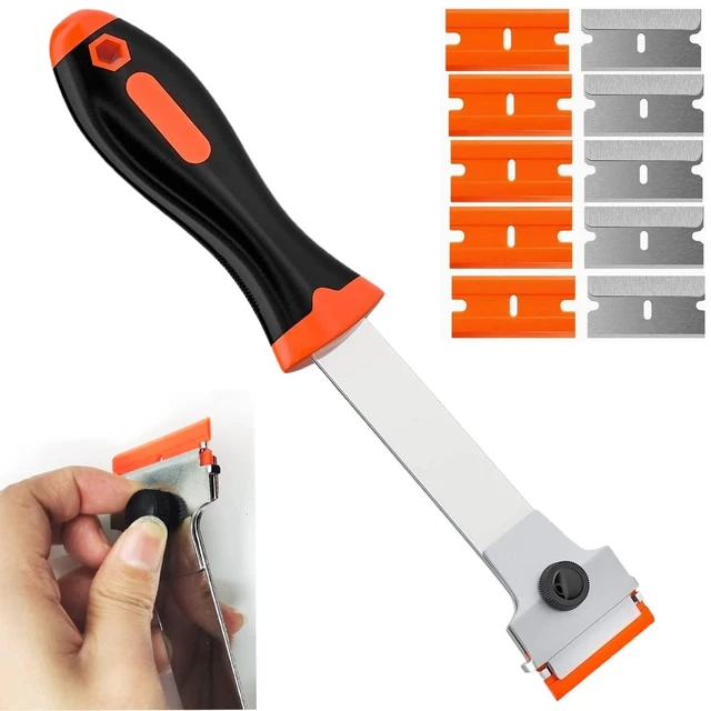 Main image of DEKEones Razor Blade Scraper, Long Handled with 10 Extra Replacement Blades, for Cleaning Sticker, Paint, Caulk from Window, Car, Glass, Windshield, Stove