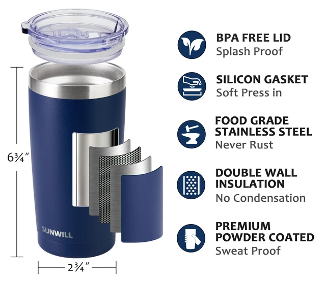 Alt view image 2 of 6 - SUNWILL 20oz Travel Coffee Tumbler, Insulated Stainless Steel Mug with Lid, Powder Coated Navy for Outdoor