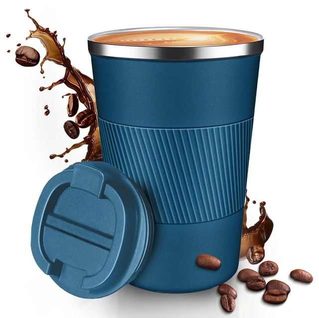 Main image of 12Oz Stainless Steel Travel Coffee Mug with Spill Leak Proof Lid, Portable Insulated Hot and Cold Water Tumbler for Car, Daily, Camping - Blue
