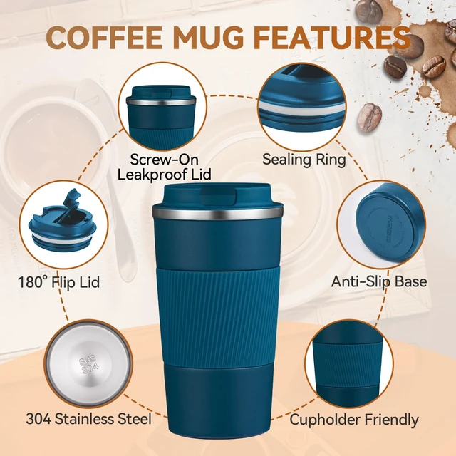 Alt view image 6 of 7 - 12Oz Stainless Steel Travel Coffee Mug with Spill Leak Proof Lid, Portable Insulated Hot and Cold Water Tumbler for Car, Daily, Camping - Blue