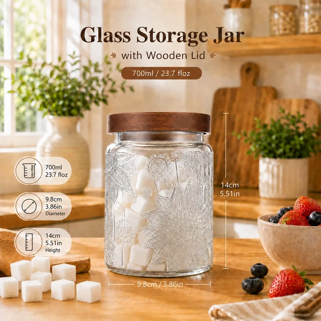 Alt view image 6 of 6 - Custde 23.7 fl oz Vintage Glass Jar with Wooden Lid, Airtight Decorative Food Storage Canister for Kitchen Pantry, Candy, Sugar, Coffee, Salt, Tea, Cereal, Flour, Oats