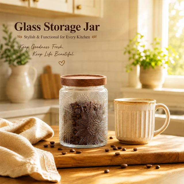 Alt view image 2 of 6 - Custde 23.7 fl oz Vintage Glass Jar with Wooden Lid, Airtight Decorative Food Storage Canister for Kitchen Pantry, Candy, Sugar, Coffee, Salt, Tea, Cereal, Flour, Oats