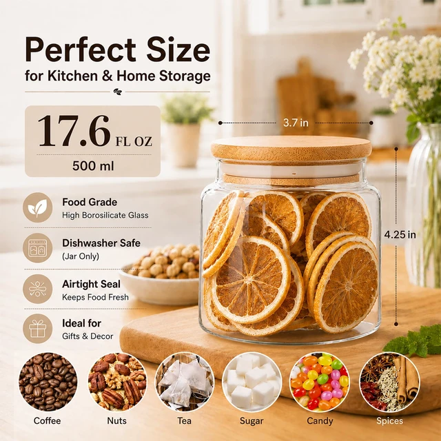 Alt view image 6 of 6 - Custde 17 fl oz Small Glass Storage Containers with Lids, Candy Jar, Decorative Jar for Kitchen Pantry Coffee Sugar Tea (Bamboo)
